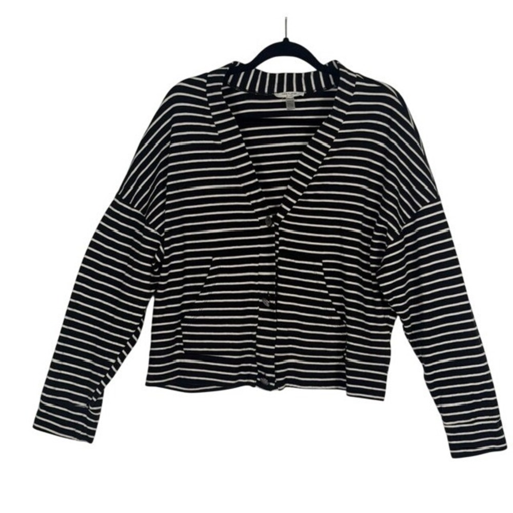 Cable & Gauge Studio Womens‎ XL Black White Striped Cotton Button Front Cardigan